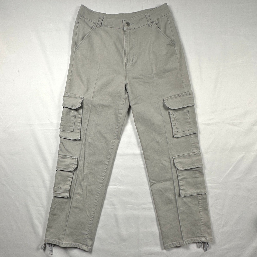 Unbranded High Waisted Cargo Pants Light Taupe Grey Straight Leg Utility 29x26.5